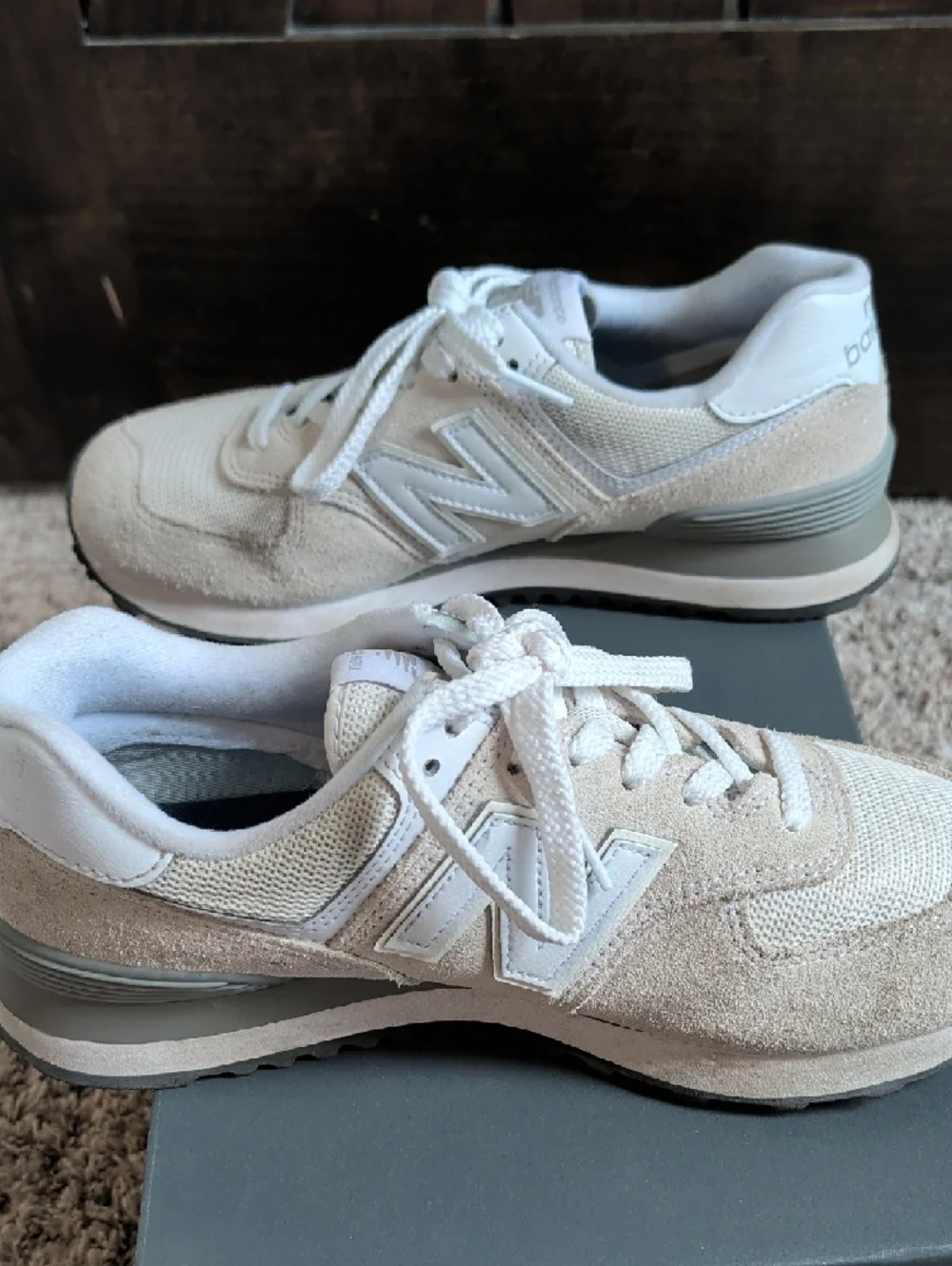 New Balance Beige and White 574 Lifestyle Sneakers - Picture 4 of 7